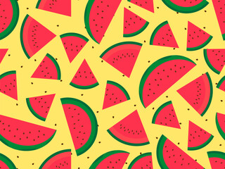 Seamless pattern with watermelon slices on a yellow background. Watermelon with seeds. Tropical summer background. Design for wallpaper, print on paper, advertising materials. Vector illustration