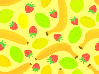 Seamless pattern with bananas, strawberries and lemons. Tropical summer fruit pattern. Design for printing on fabric, paper and banners. Vector illustration