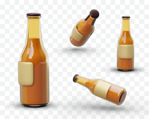 3D glass bottle, view from different angles. Element for web design, advertising creation, mobile application design. Color filled bottle with blank label. Beer themed set