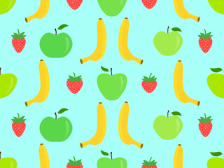 Seamless pattern with bananas, apples and strawberries on blue background. Tropical summer fruit pattern. Design for printing on fabric, paper and banners. Vector illustration
