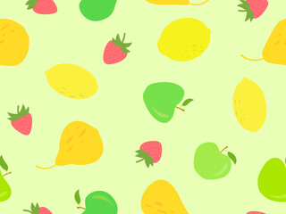 Fruity seamless pattern with apples, lemons, strawberries and pears. Tropical summer fruit pattern. Design for printing on fabric, paper and banners. Vector illustration