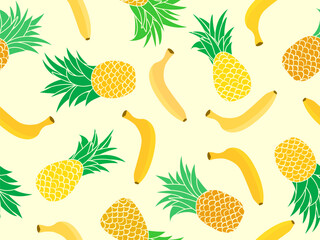 Seamless pattern with pineapples and bananas. Tropical summer background with bananas and pineapples. Design for print, banners and promotional items. Vector illustration