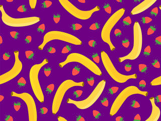 Seamless pattern with bananas and strawberries on a purple background. Tropical fruit strawberry and banana. Design of printing, banners and promotional materials. Vector illustration