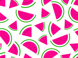 Seamless pattern with watermelon slices on a white background. Watermelon with seeds. Tropical summer background. Design for wallpaper, print on paper, advertising materials. Vector illustration
