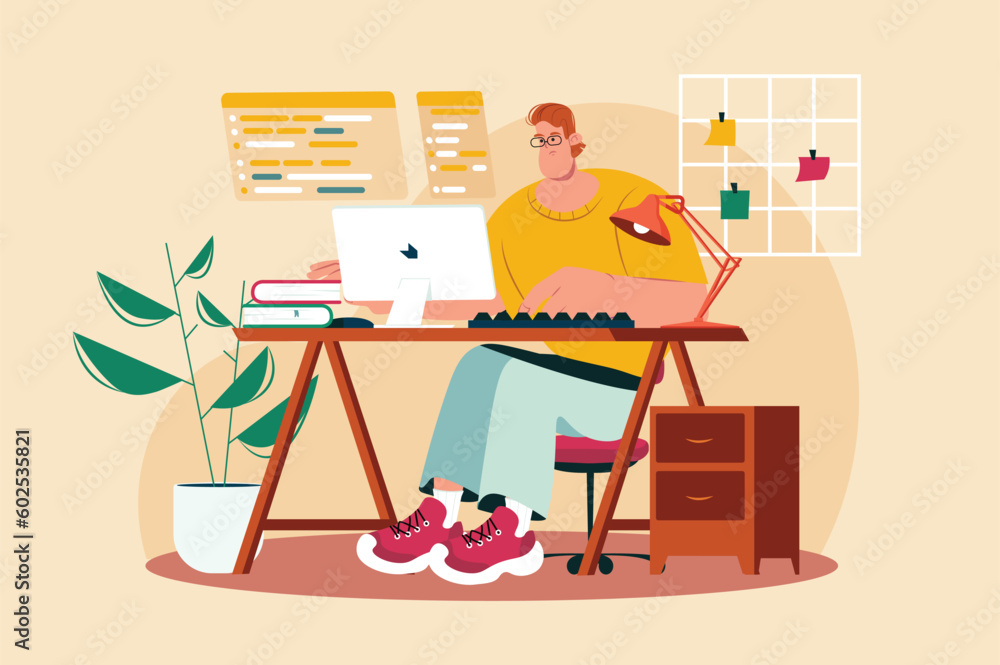 Poster developer yellow concept with people scene in the flat cartoon design. a programmer is working on th