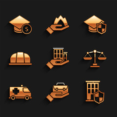 Set House insurance, Hand holding briefcase, with shield, Scales of justice, Emergency car, Worker safety helmet, Graduation cap and coin icon. Vector