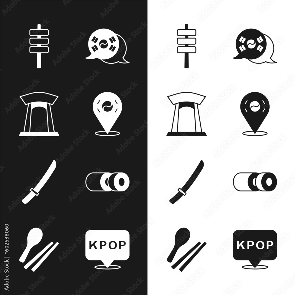 Wall mural Set Location South Korea, Korean gate, food tokpokki, flag, Katana, Sushi, K-pop and Food chopsticks icon. Vector