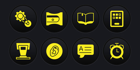 Set Stage stand, Graphic tablet, Ear listen sound signal, Speech bubbles with Answer, Open book, Pencil sharpener, Alarm clock and Timing belt kit icon. Vector