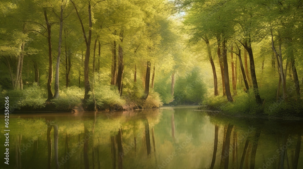 Poster a cartoon depiction of a river that is encircled by trees generative ai