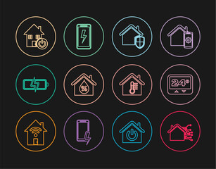 Set line Smart home, Thermostat, House under protection, humidity, Battery, temperature and Mobile charging battery icon. Vector
