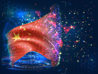 China,  vector flag, virtual abstract 3D object from triangular polygons on a blue background