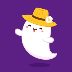 Happy halloween party greeting card with cute ghost. Holidays cartoon character. Trick or treat. Halloween funny cartoon.