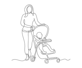 abstract mother with a baby in a pram Continuous One Line Drawing