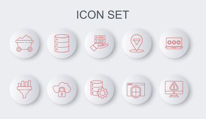 Set line Monitor with exclamation mark, Sales funnel chart, Server, Data, Web Hosting, Browser shield, Coal mine trolley, Cloud computing lock and and gear icon. Vector