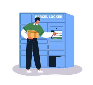 Person picking box at self-service parcel locker, post delivery machine with package storage cabinets and screen. Postal order terminal. Flat graphic vector illustration isolated on white background