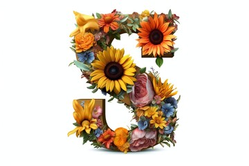 Floral and Sunflower Colorful Photorealistic Letter V,Ai generative.