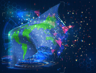 World map,  vector flag, virtual abstract 3D object from triangular polygons on a blue background