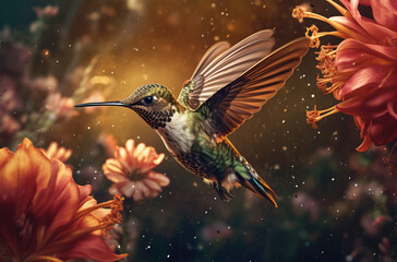 hummingbird flying away from a flower, in the style of filip hodas, grandeur of scale, foreshortening techniques,