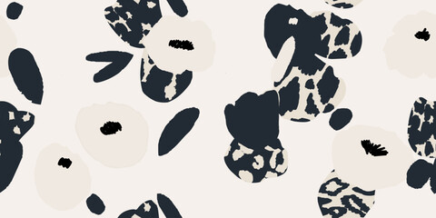 Bright hand drawn flowers and leopard skin print. Modern abstract pattern. Fashionable template for design. 