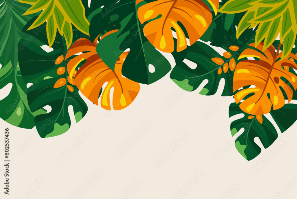 Wall mural Green tropical leaves on a light background.Vector background concept Hello summer - Wall murals