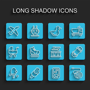 Set line Racket, Ice cream, Toy plane, Tetris electronic game, Yoyo toy, Roller skate, Skateboard and Drum with drum sticks icon. Vector