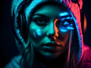 Neon Beats: Close-Up DJ Girl Portrait