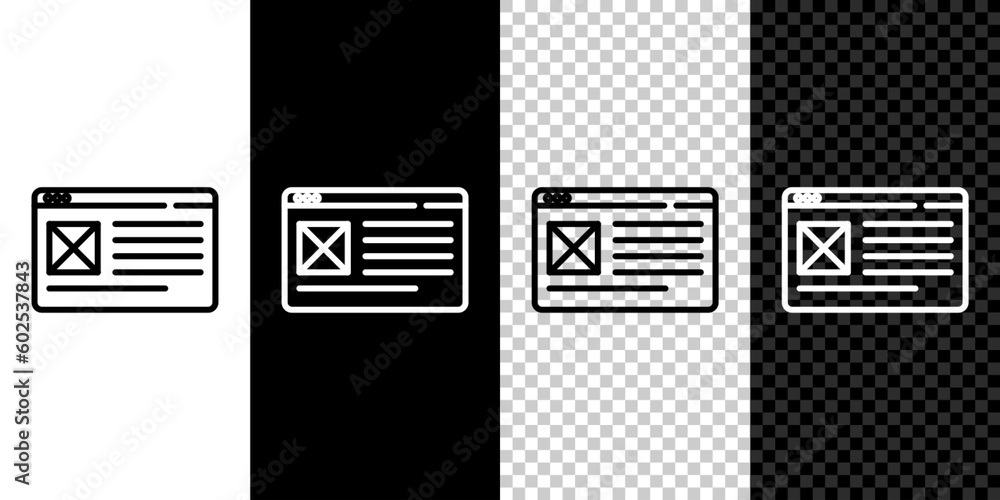Poster set line browser window icon isolated on black and white background. vector