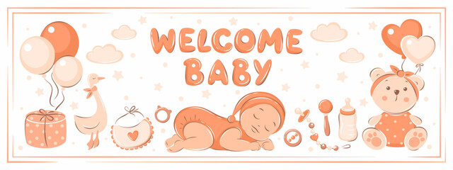 Welcome baby. Toys, balloons and child care items. Vector illustration