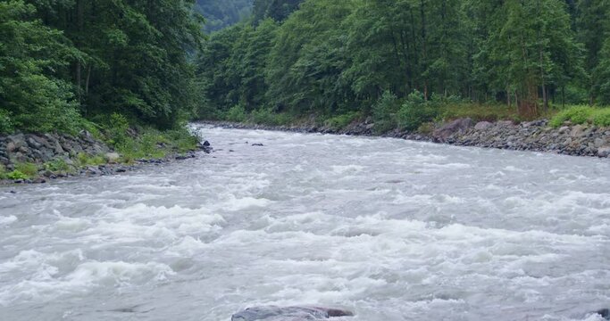 a shot of a fast-flowing stream through forested mountains. Firtina Creek in Camlihemsin, Rize