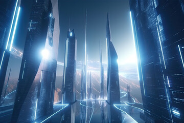 Modern futuristic glowing city with tall skyscrapers and modern technology. Generative AI