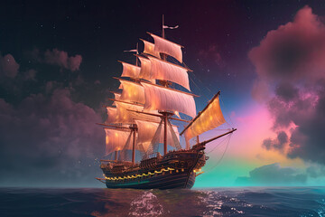 Obraz premium Old magic frigate flying on colorful cumulonimbus clouds. Ship in the ocean with stardust and fantasy sky. Generative AI