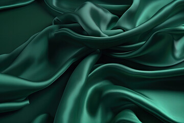 Fototapeta premium Abstract green smooth silk background. Satin elegant luxury fabric. Beautiful soft folds on the surface of the fabric. Generative AI