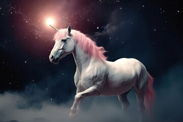 The unicorn with a pink mane and tail in a magical space. Generative AI