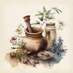 botanical illustration with plants chinese medicine and cosmetics