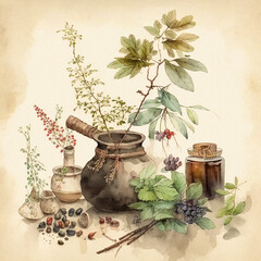 botanical illustration with plants chinese medicine and cosmetics