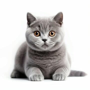 British Shorthair cat sitiing on white background. Created with Generative AI technology
