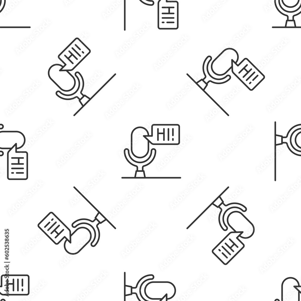 Poster grey line microphone voice device icon isolated seamless pattern on white background. microphone int