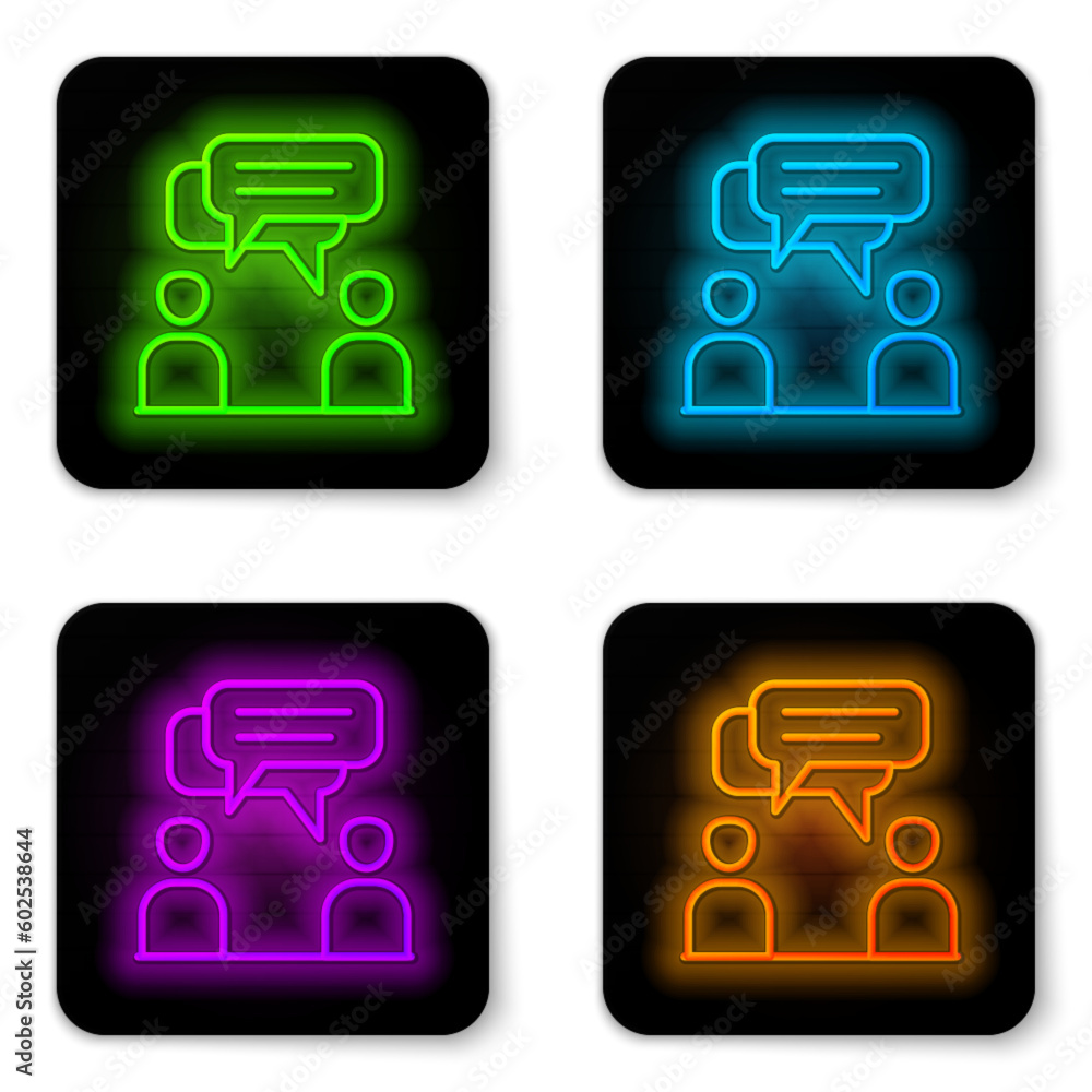 Poster glowing neon line two sitting men talking icon isolated on white background. speech bubble chat. mes