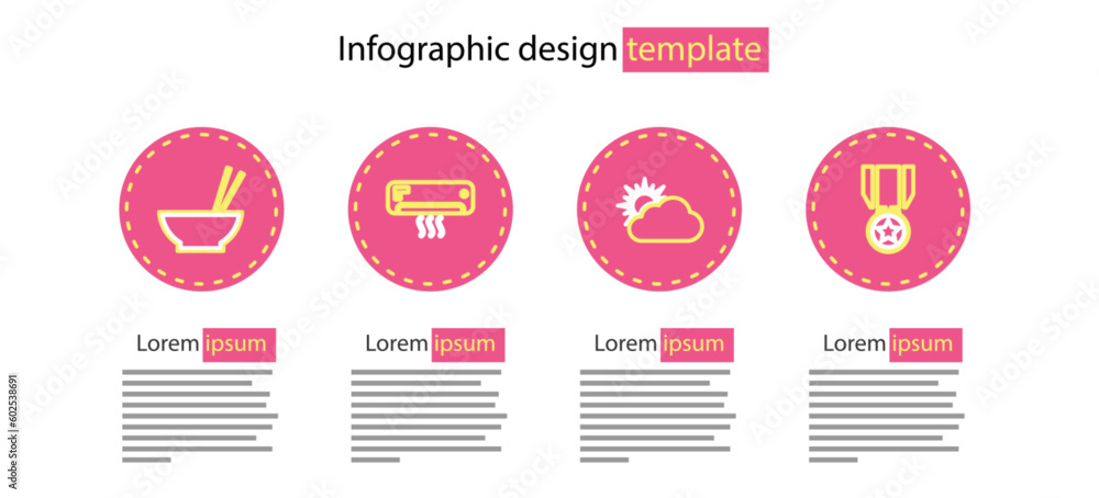 Sticker set line sun and cloud weather, medal with star, air conditioner and bowl chopsticks icon. vector