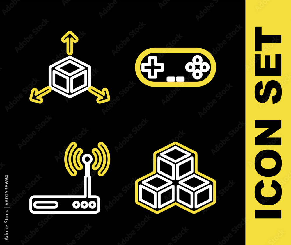 Poster set line gamepad, isometric cube, router and wi-fi and icon. vector