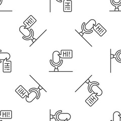 Grey line Microphone voice device icon isolated seamless pattern on white background. Microphone interpreter and alphabet letters. Vector