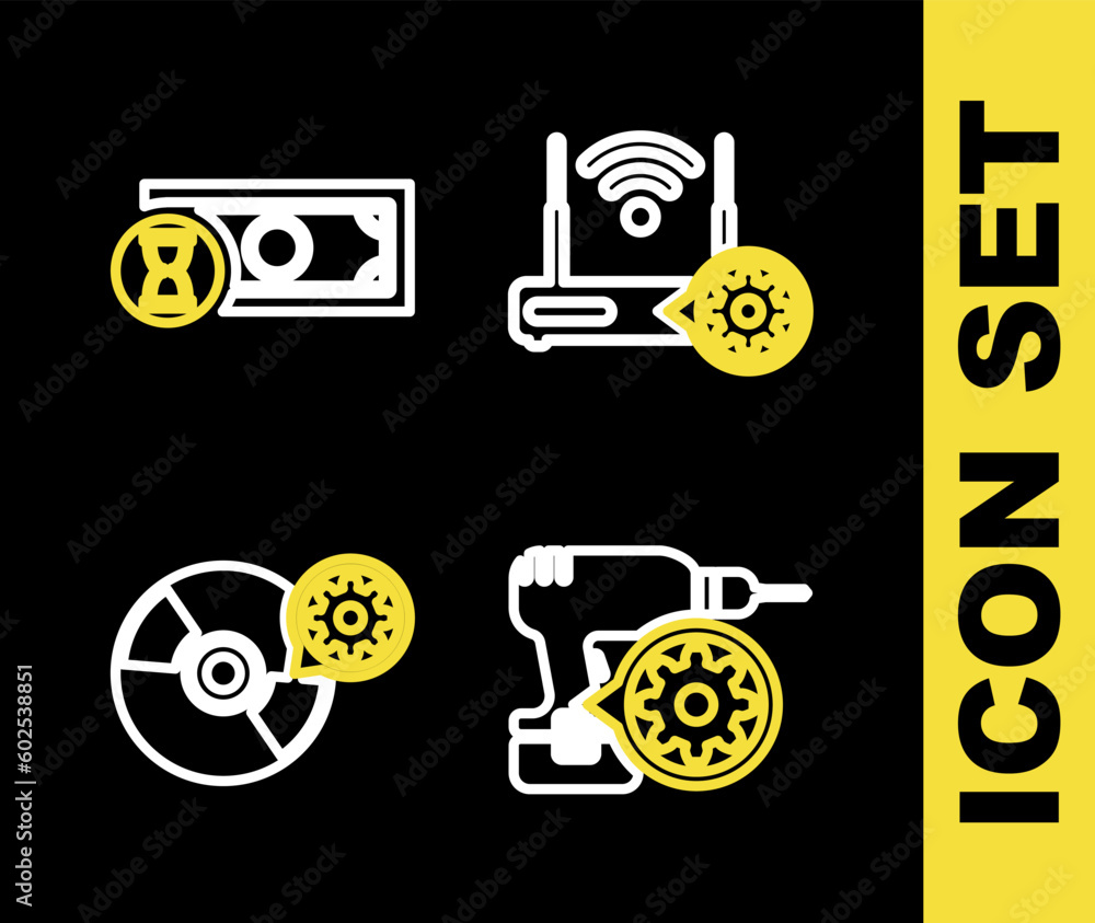 Poster set line router and wi-fi setting, drill machine, cd or dvd disk and fast payments icon. vector