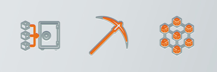 Set line Blockchain technology, Proof of stake and Pickaxe icon. Vector