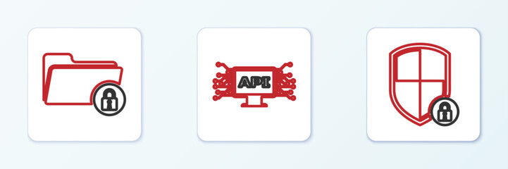 Set line Shield security with lock, Folder and and Computer api interface icon. Vector