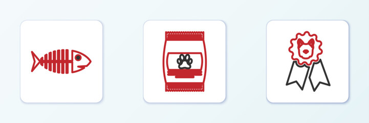 Set line Dog award symbol, Fish skeleton and Bag of food for pet icon. Vector