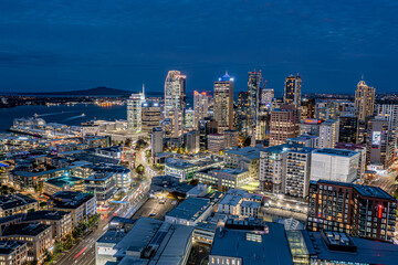 Fototapeta na wymiar Auckland city aerial sunset with lights city 