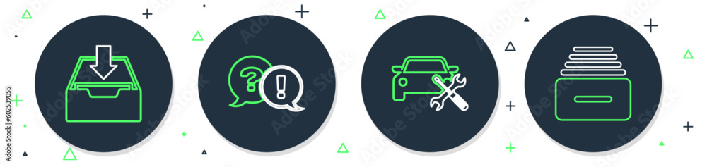 Poster set line question and exclamation, car service, download inbox and drawer with documents icon. vecto
