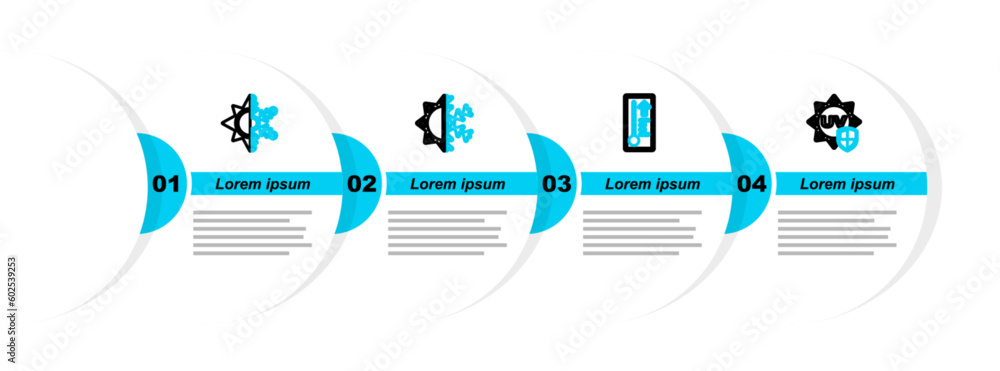 Sticker Set line UV protection, Meteorology thermometer, Sun and snowflake and icon. Vector