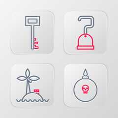 Set line Bomb ready to explode, Tropical island in ocean, Pirate hook and key icon. Vector