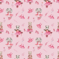 Watercolor seamless pattern. Hand painted illustration of bears in dance studio in pink dress, ballet shoes. Koala, panda, teddy bear. Animal cartoon character. Print on pink background for textile © Olga Sidelnikova